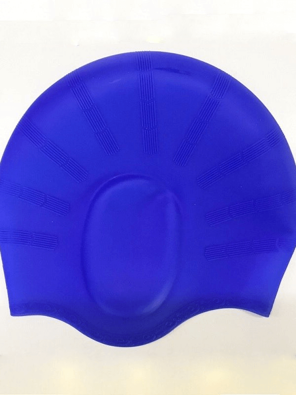 Vibrant blue silicone swimming cap, highly elastic and waterproof, offering sun, wind, and dust protection. Perfect for a secure fit.